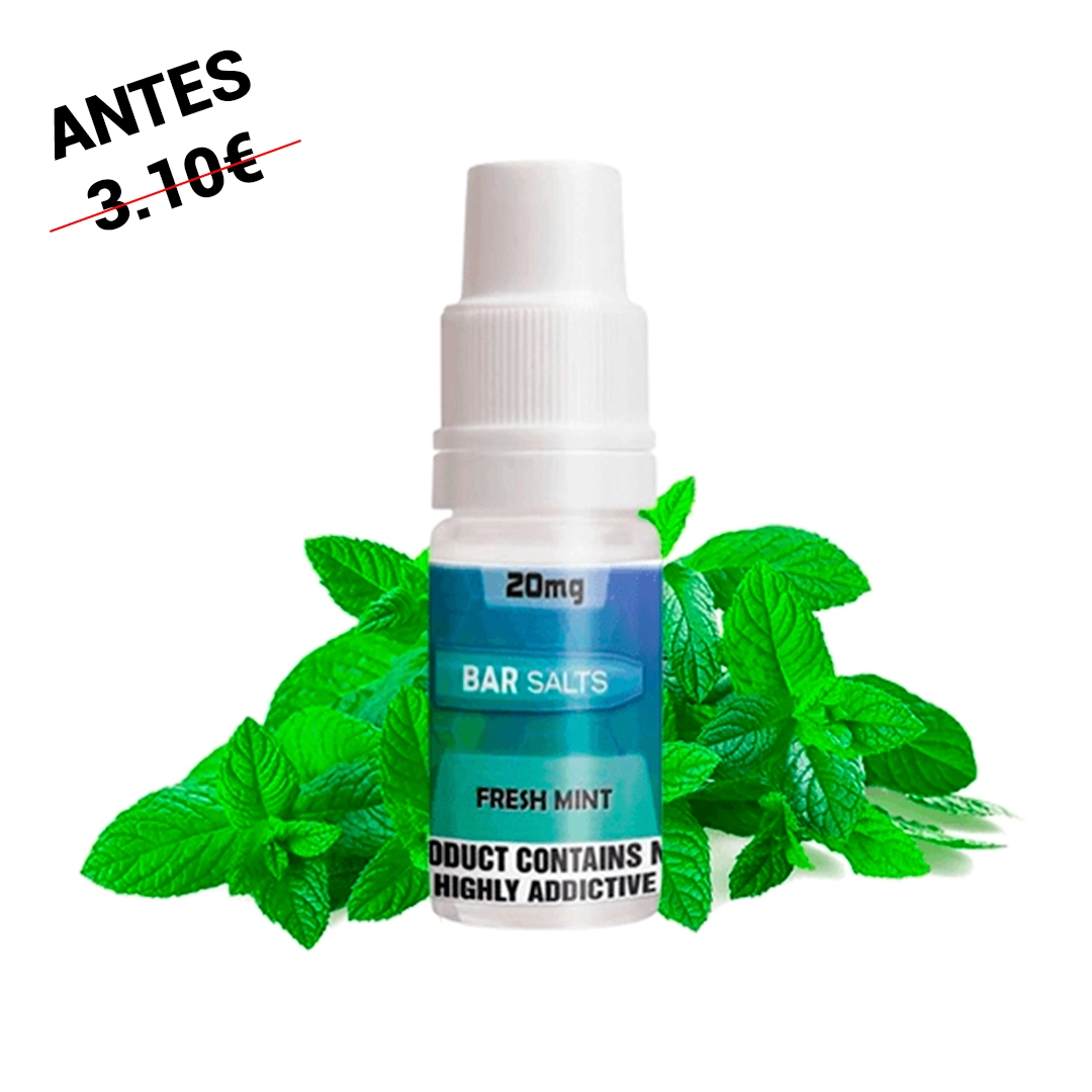 Frasco blanco de Bar Salts Fresh Mint con etiqueta azul y verde, texto «20 mg» y hojas de menta alrededor sobre fondo blanco.