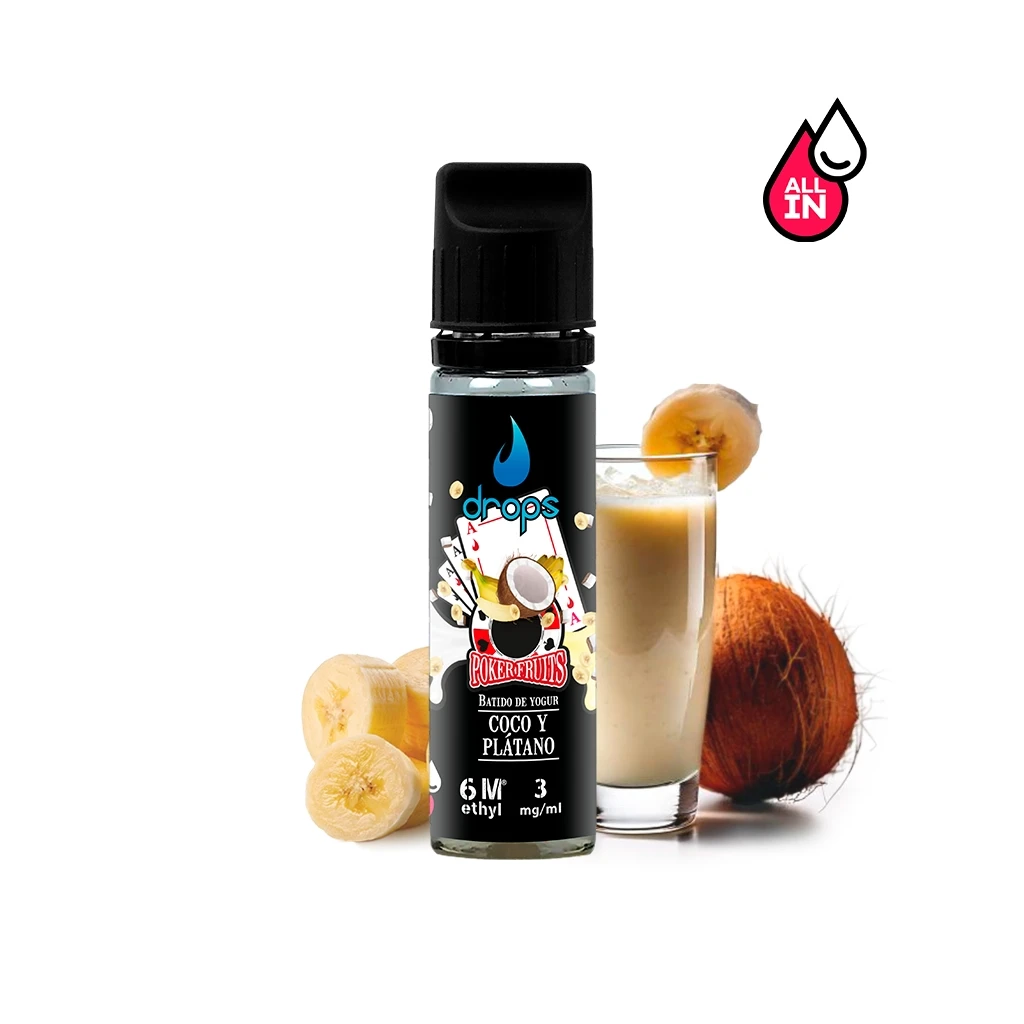 Frasco de líquido Drops con tapón negro y etiqueta «Coco y plátano», junto a un vaso de batido, plátano y coco.