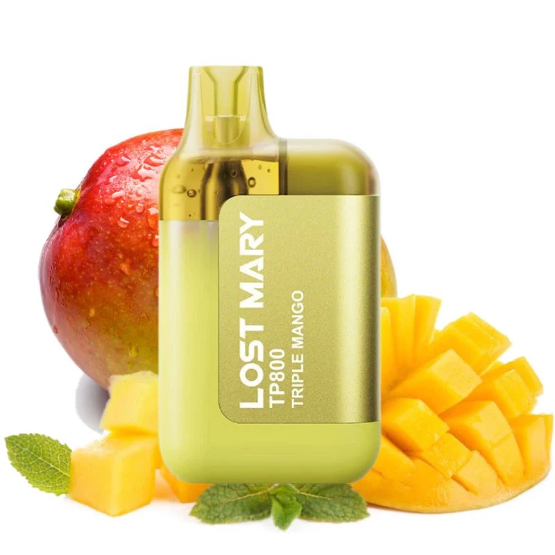 Vapeador Lost Mary TP800 Triple Mango de color amarillo verdoso, con boquilla translúcida, rodeado de mango cortado y hojas verdes.