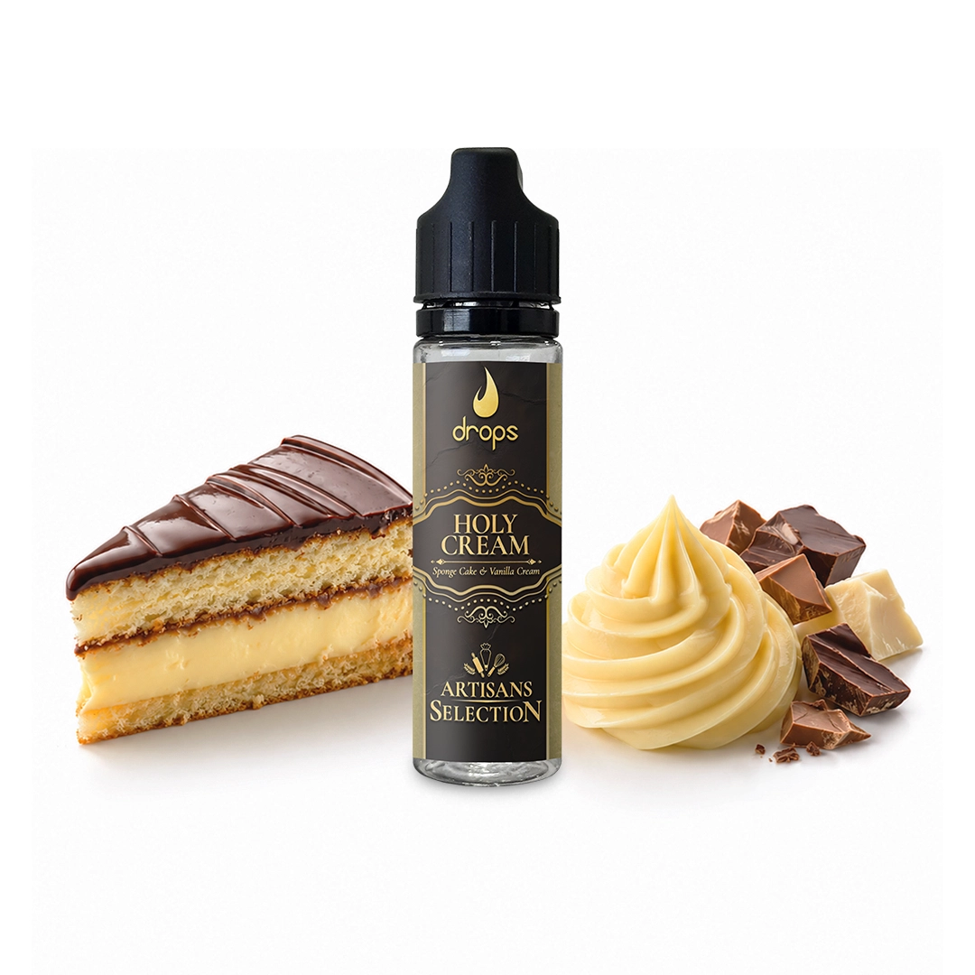 Frasco Holy Cream de Drops Artisans Selection con tapón negro, junto a una porción de tarta, crema y trozos de chocolate.