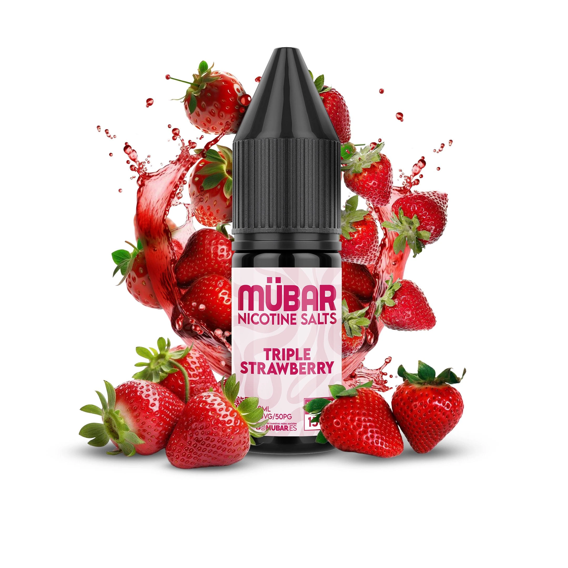 Frasco MÜBAR Nicotine Salts Triple Strawberry con tapón negro y etiqueta rosa, rodeado de fresas y salpicaduras rojas.
