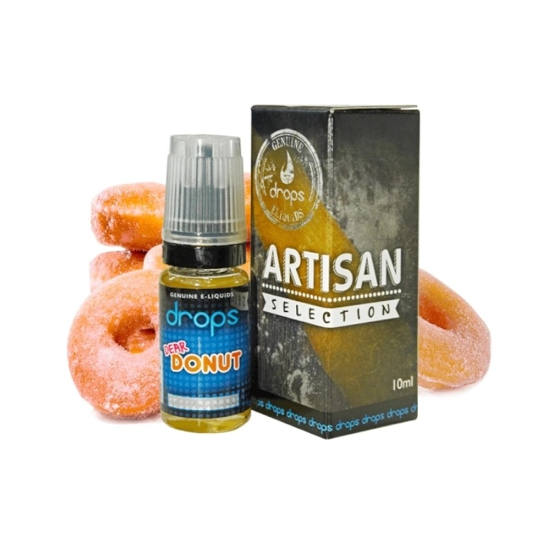 Frasco de e-líquido Drops Dear Donut junto a su caja Artisan Selection, con rosquillas azucaradas al fondo sobre blanco.
