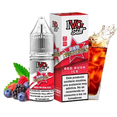 Frasco y caja de IVG Bar Favourites Red Rush Ice con advertencia de nicotina, junto a frutos rojos, hojas verdes y un vaso con hielo.