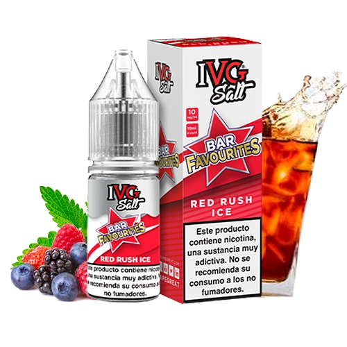 Frasco y caja de IVG Bar Favourites Red Rush Ice con advertencia de nicotina, junto a frutos rojos, hojas verdes y un vaso con hielo.
