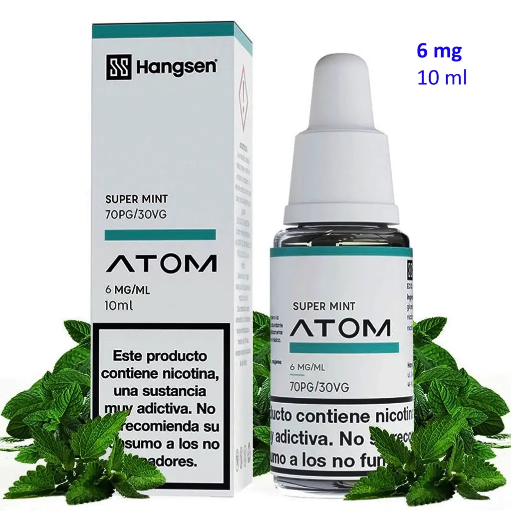 Frasco y caja de Super Mint Hangsen Atom, con etiquetas de 6 mg/ml y 10 ml, rodeados de hojas de menta sobre fondo blanco.