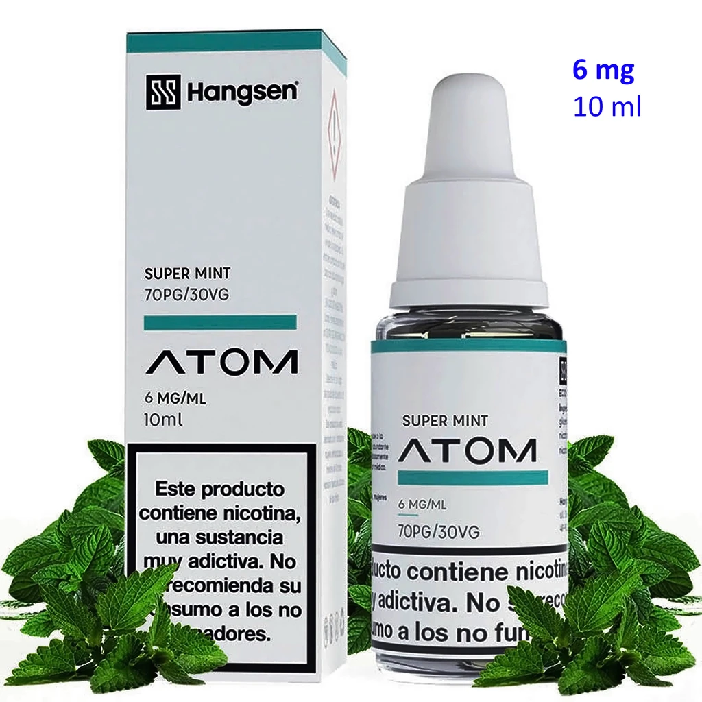 Frasco y caja de Super Mint Hangsen Atom, con etiquetas de 6 mg/ml y 10 ml, rodeados de hojas de menta sobre fondo blanco.