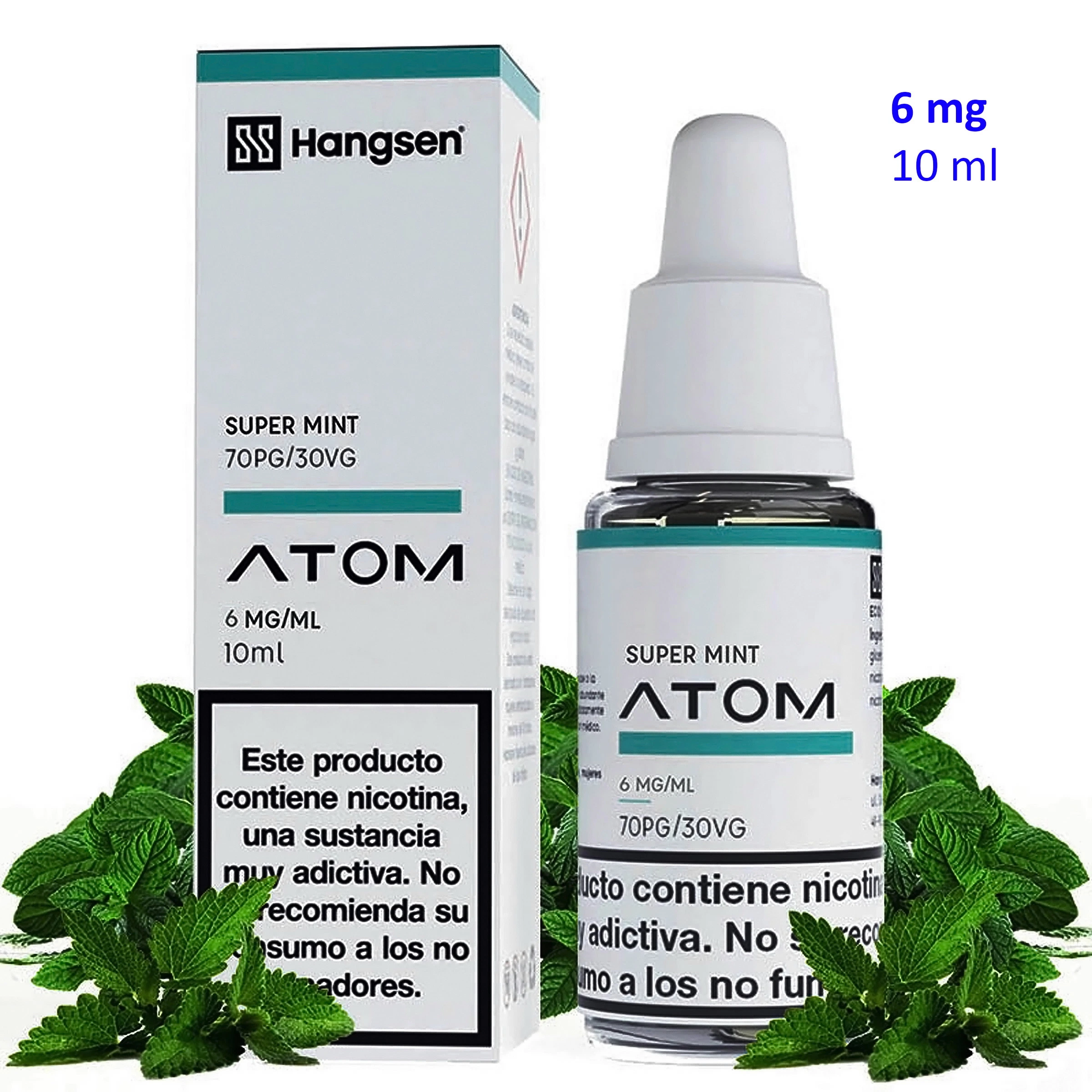 Frasco y caja de Super Mint Hangsen Atom, con etiquetas de 6 mg/ml y 10 ml, rodeados de hojas de menta sobre fondo blanco.