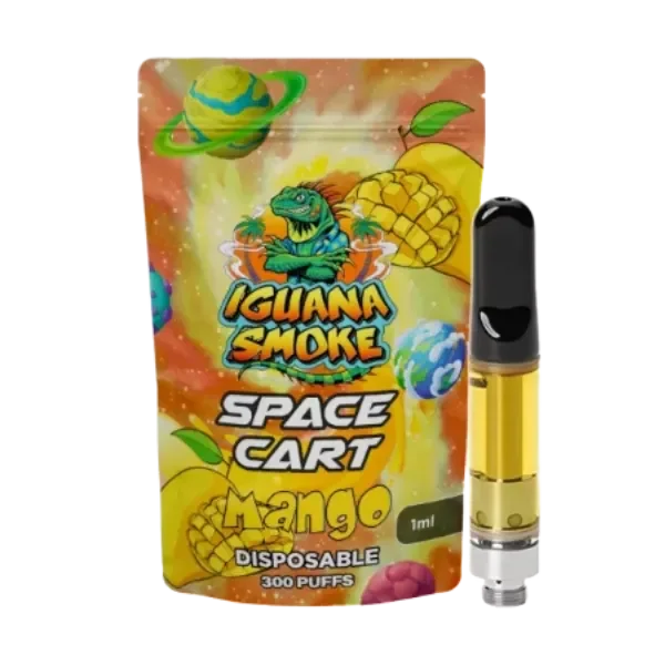 Cartucho Iguana Smoke Mango con boquilla negra y depósito amarillo junto a su envase ilustrado con mangos y motivos espaciales.