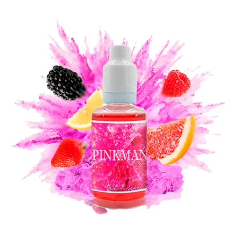 Frasco de aroma Pinkman de Vampire Vape con tapón blanco y etiqueta rosa, rodeado de frutas, hielo y una salpicadura rosa.