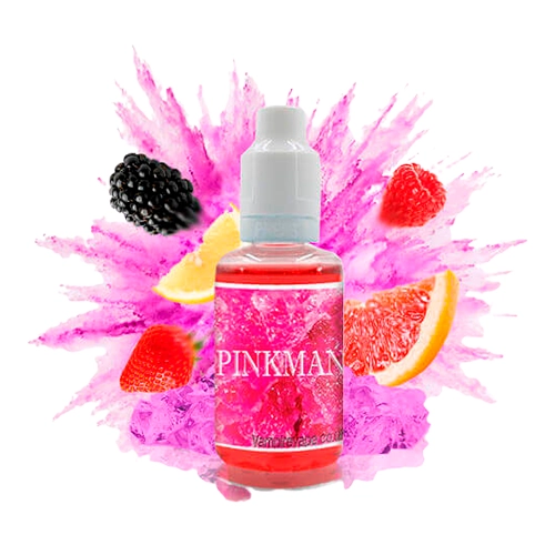 Frasco de aroma Pinkman de Vampire Vape con tapón blanco y etiqueta rosa, rodeado de frutas, hielo y una salpicadura rosa.