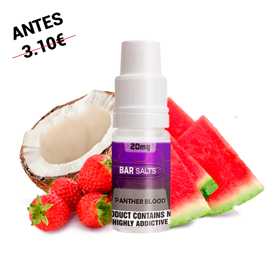 Frasco de Bar Salts Panther Blood con etiqueta morada de 20 mg y tapón blanco, rodeado de fresas, sandía y medio coco.