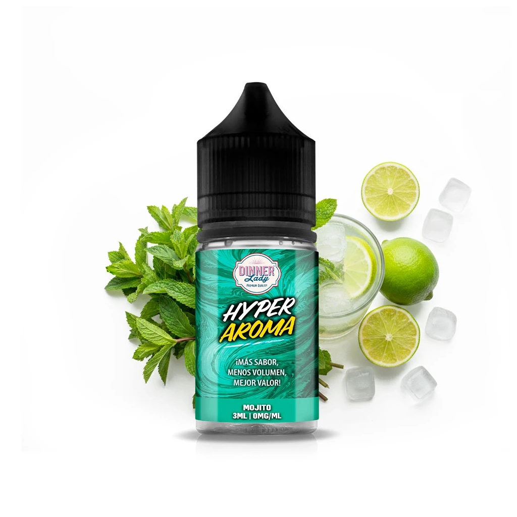 Frasco Dinner Lady Hyper Aroma Mojito de 3 ml, con tapón negro y etiqueta verde, rodeado de menta, limas, hielo y un vaso.