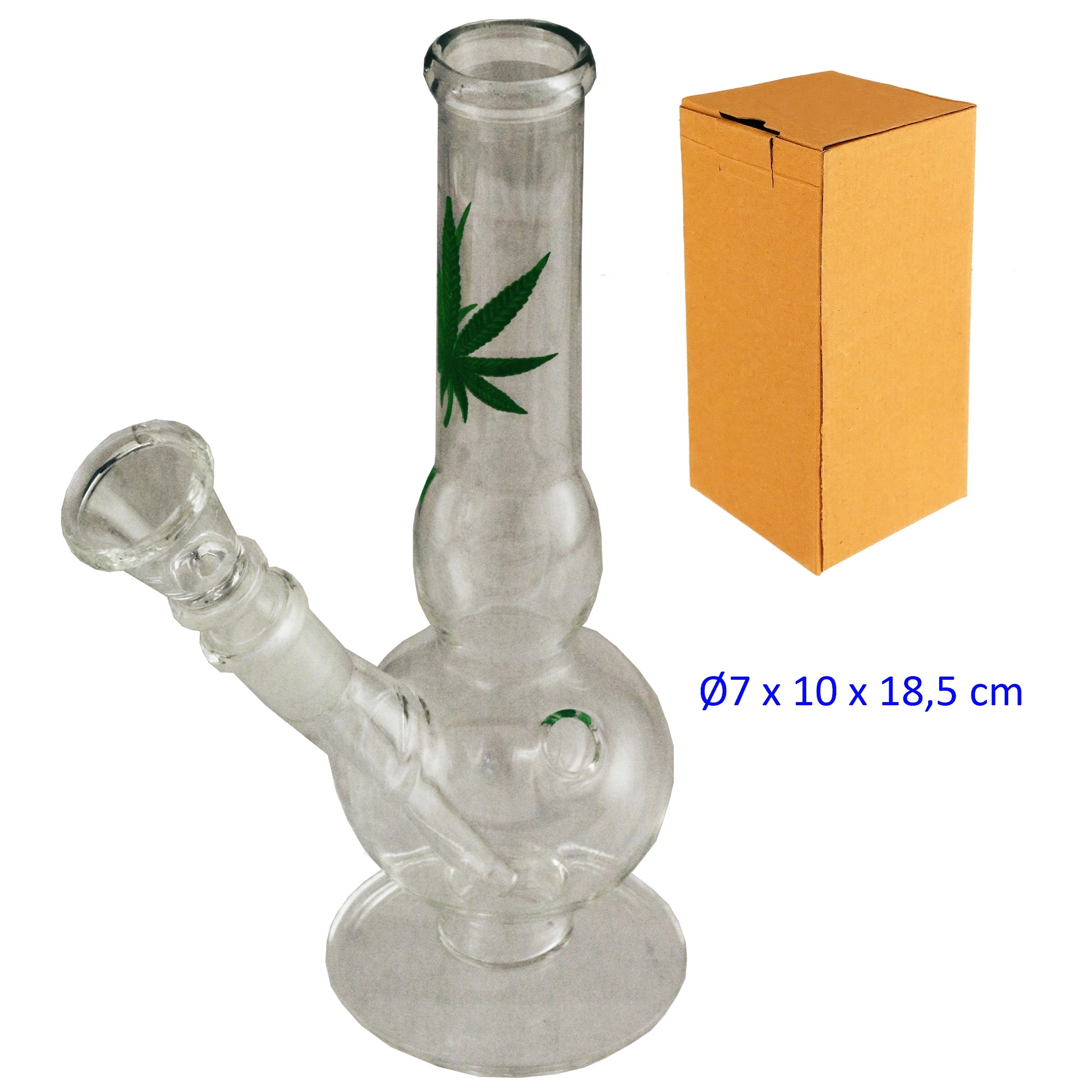 Bong de cristal transparente con cámara redondeada, base circular, cazoleta lateral y hoja verde, junto a una caja marrón.