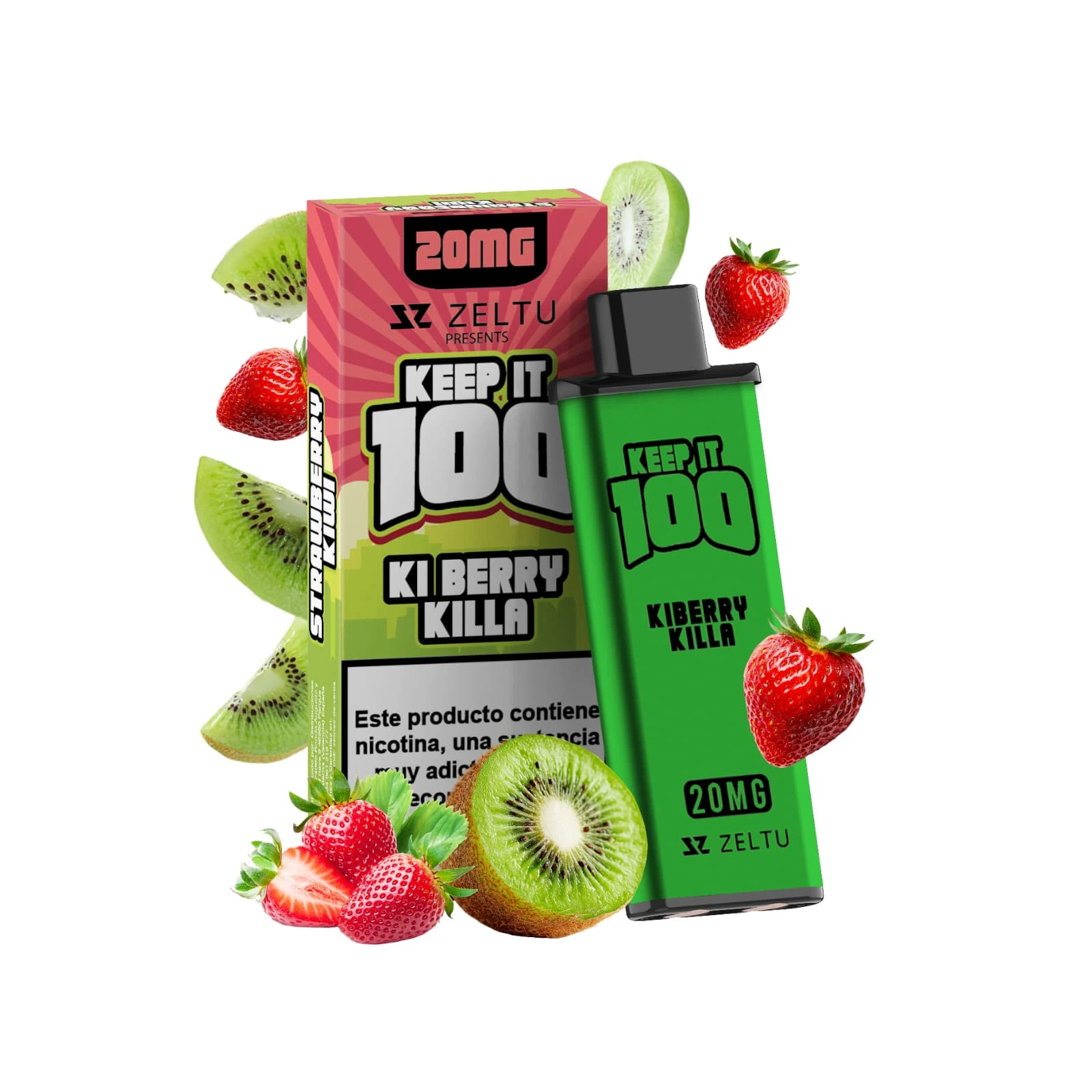 Pod verde Keep it 100 Ki Berry Killa de Zeltu con boquilla negra y etiqueta 20MG, junto a su caja y representaciones de fresas y kiwi.