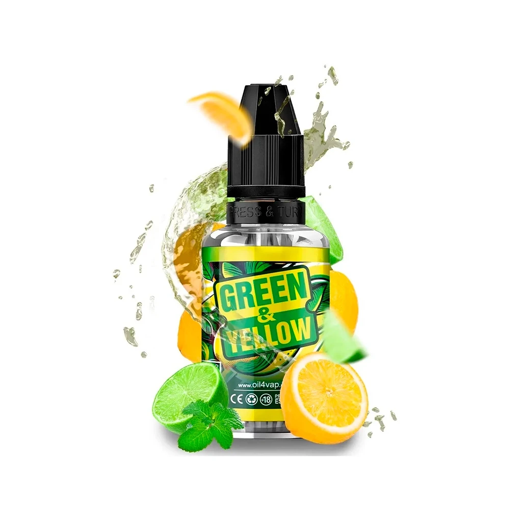 Frasco Green & Yellow de Oil4vap con tapón negro, rodeado de cítricos cortados, hojas verdes y una salpicadura de líquido.