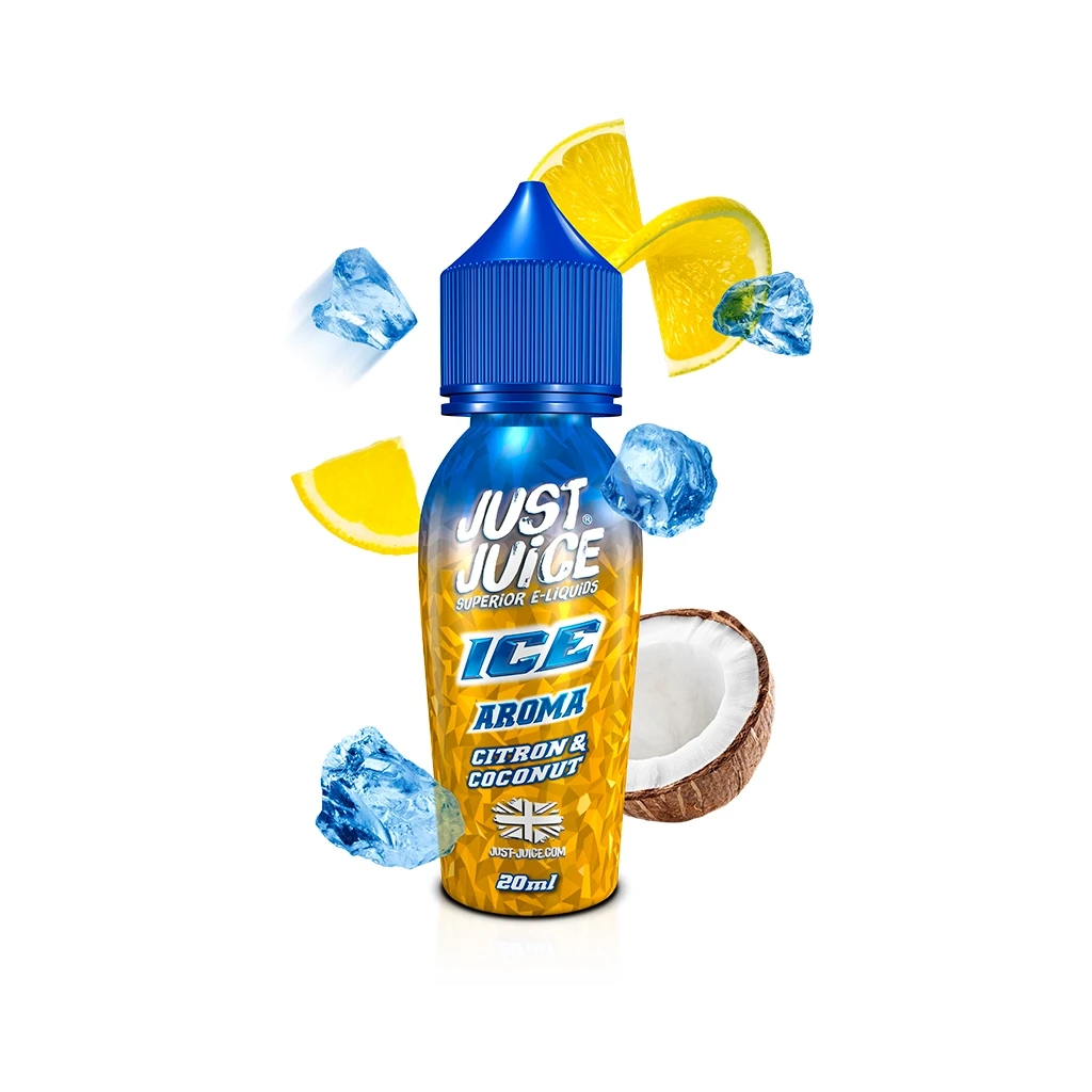 Frasco Just Juice Ice Citron and Coconut de 20 ml con tapón azul, rodeado de rodajas de cítrico, medio coco y cubitos de hielo.