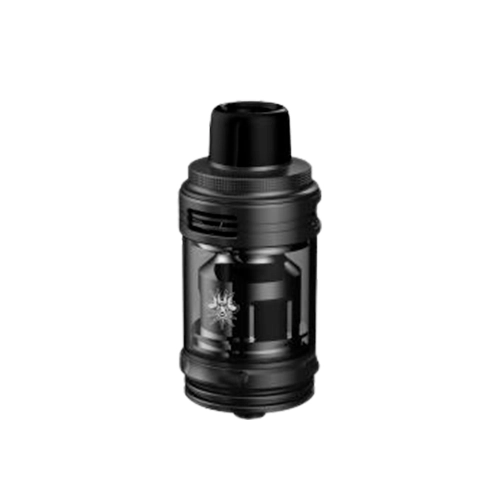 Depósito Voopoo Uforce-L negro, con boquilla superior y cuerpo transparente que deja ver el interior, sobre fondo blanco. Depósito Voopoo Uforce-L negro, con boquilla superior y cuerpo transparente que deja ver el interior, sobre fondo blanco.