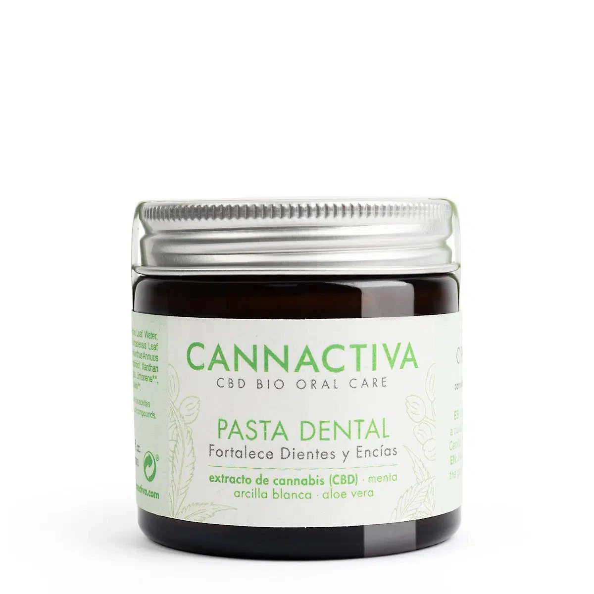 Tarro oscuro de pasta dental Cannactiva con tapa plateada y etiqueta blanca y verde que indica extracto de cannabis CBD.