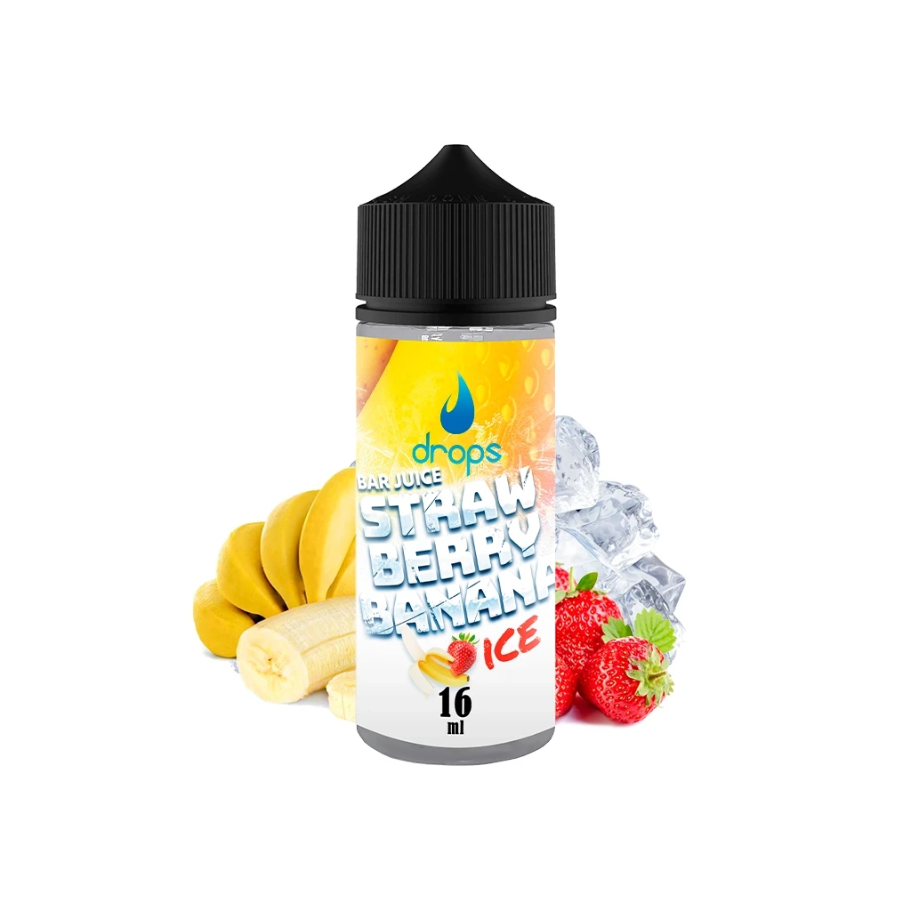 Bote de Drops Bar Juice Strawberry Banana Ice con tapón negro y etiqueta de 16 ml, rodeado de plátanos, fresas y cubitos de hielo.