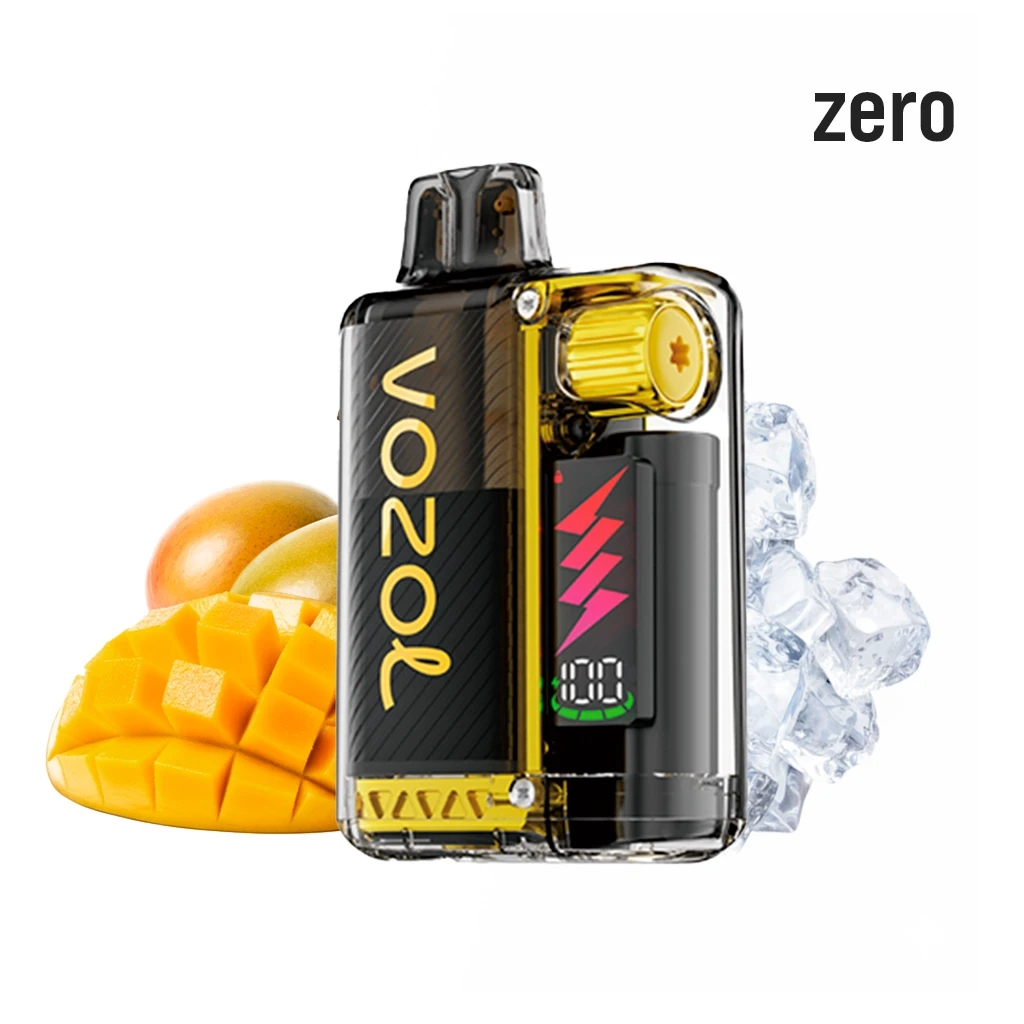 Vozol Vista Plug Mango Ice Zero con carcasa transparente amarilla y negra, junto a mango e hielo; texto «zero» en la esquina superior. Vozol Vista Plug Mango Ice Zero con carcasa transparente amarilla y negra, junto a mango e hielo; texto «zero» en la esquina superior.