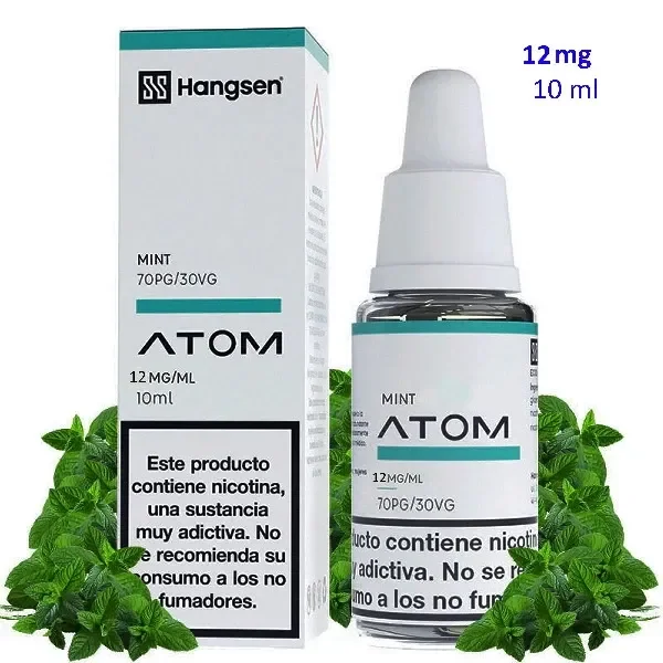 E-liquid Mint Hangsen Atom en frasco con boquilla y caja blanca y verde, rodeado de hojas de menta; indica 12 mg/ml y 10 ml.
