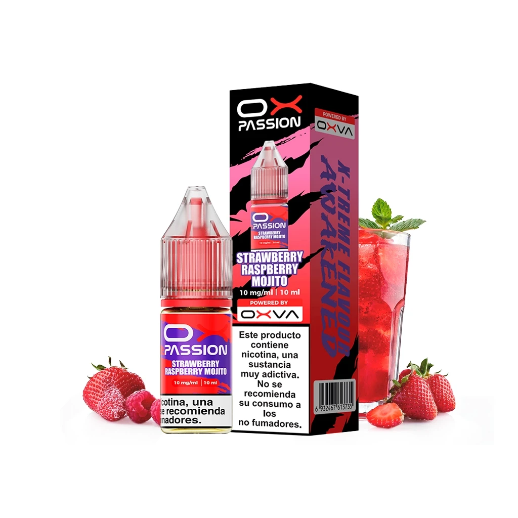 Frasco y caja de Oxva Ox Passion Strawberry Raspberry Mojito, con fresas, frambuesas y una bebida roja; indica 10 mg/ml y 10 ml.