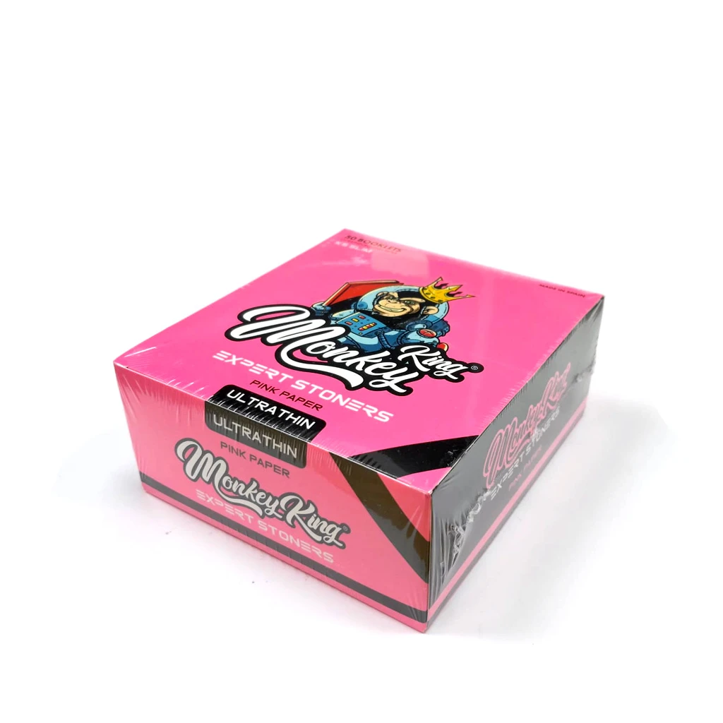 Caja rosa de papel Monkey King Size Slim Color Pink, vista en perspectiva sobre fondo blanco, con un mono coronado y el texto Ultrathin.