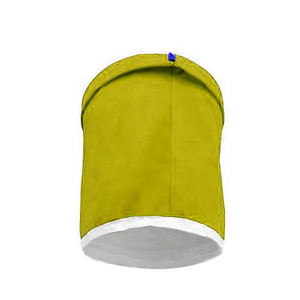 Bolsa BubbleBag amarilla de forma cilíndrica, con borde superior abierto, pequeña presilla azul y fondo de malla clara sobre blanco.