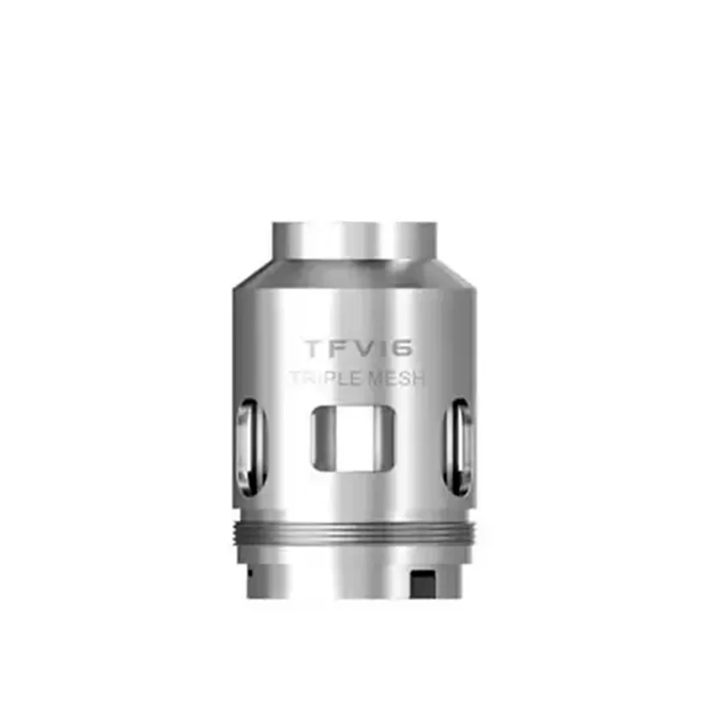 Resistencia Smok TFV16 Triple Mesh plateada, con aberturas laterales y rosca en la base, sobre fondo blanco.