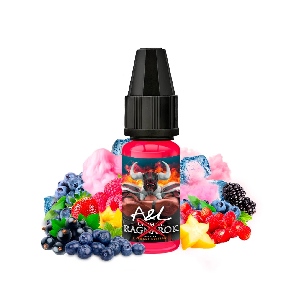Frasco de aroma A&L Ragnarok X Sweet Edition con tapón negro, rodeado de frutos rojos, estrellas amarillas, hielo y nubes rosas.