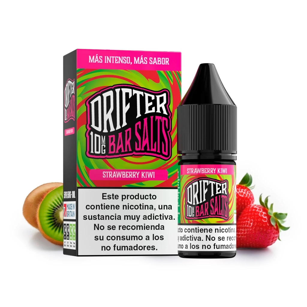 Frasco de Drifter Bar Salts Strawberry Kiwi junto a su caja verde y rosa, con fresas, kiwi y advertencia sobre nicotina.