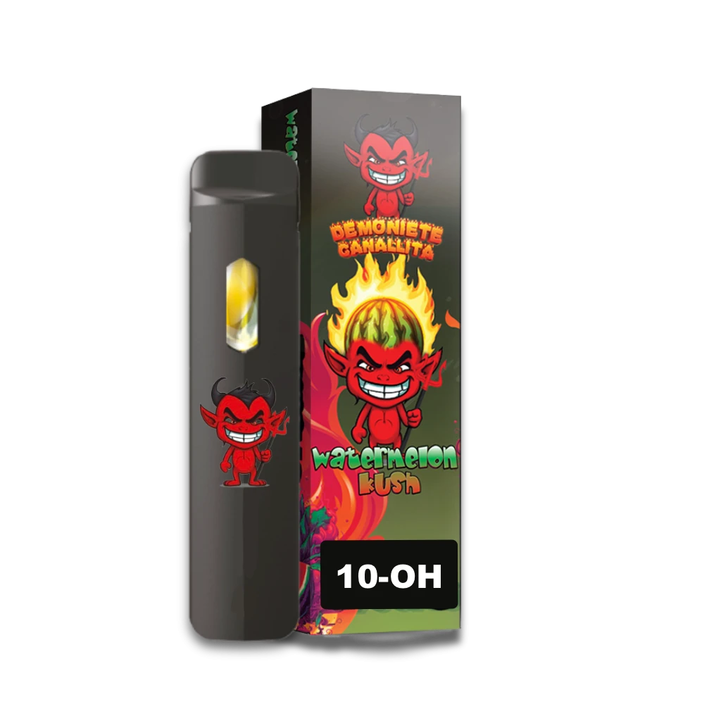 Pod Demoniete Canallita Watermelon Kush negro junto a su caja, con diablos rojos, llamas y el texto 10-OH sobre fondo negro.