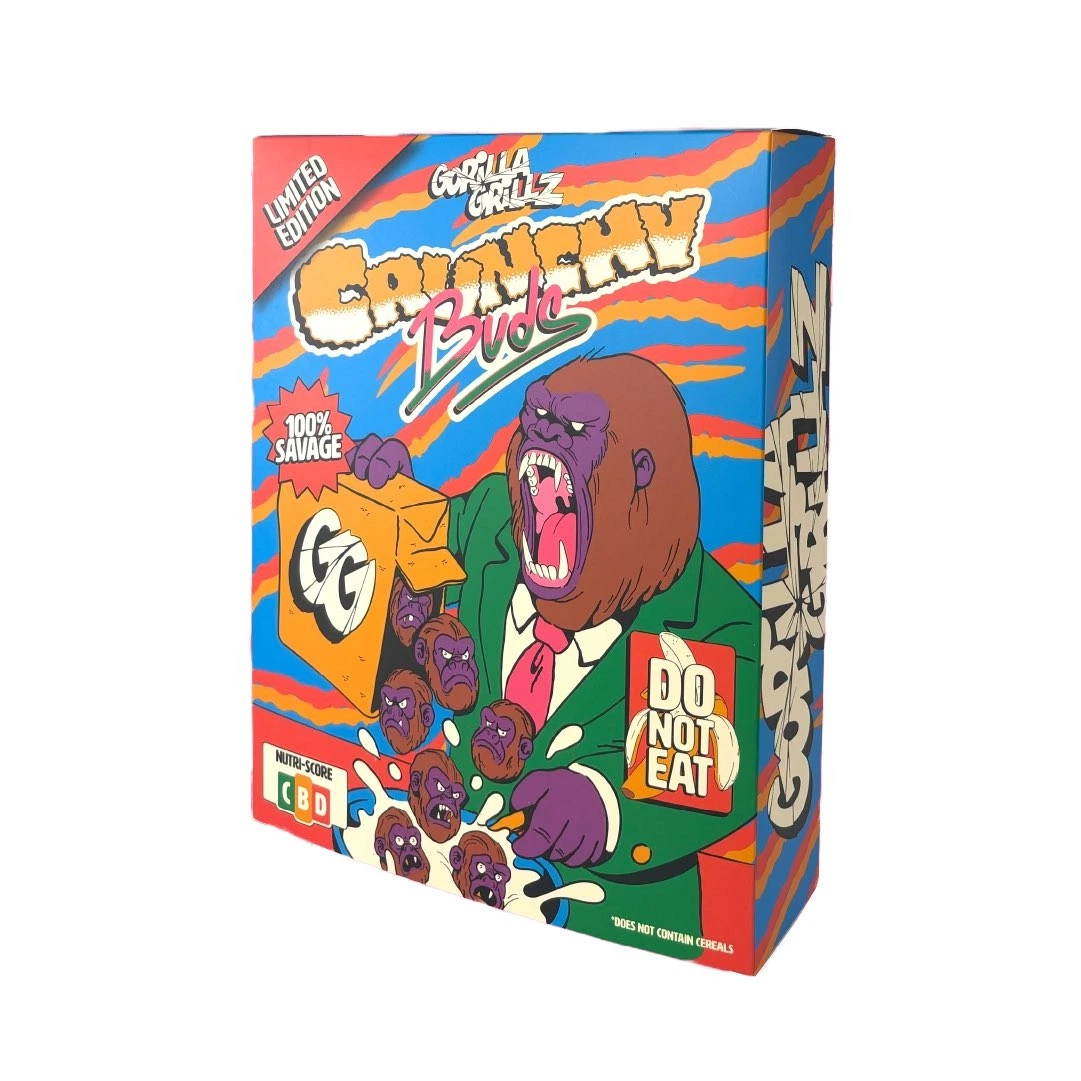 Caja de Crunchy Buds Gorilla Grillz con franjas de colores, un gorila ilustrado vertiendo cogollos y el aviso «Do not eat».