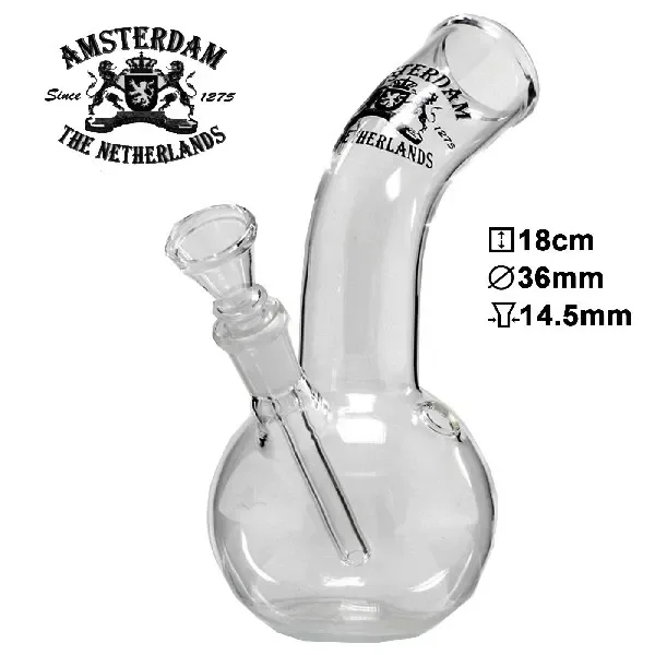 Bong de cristal transparente de 18 cm, con base esférica, cuello curvado, cazoleta lateral y logotipo negro de Amsterdam.