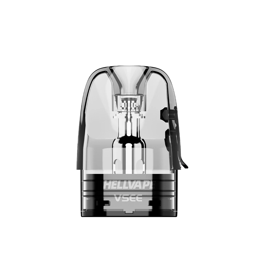 Cartucho Hellvape Vsee translúcido con boquilla integrada, conducto central visible, base negra y pestaña lateral.