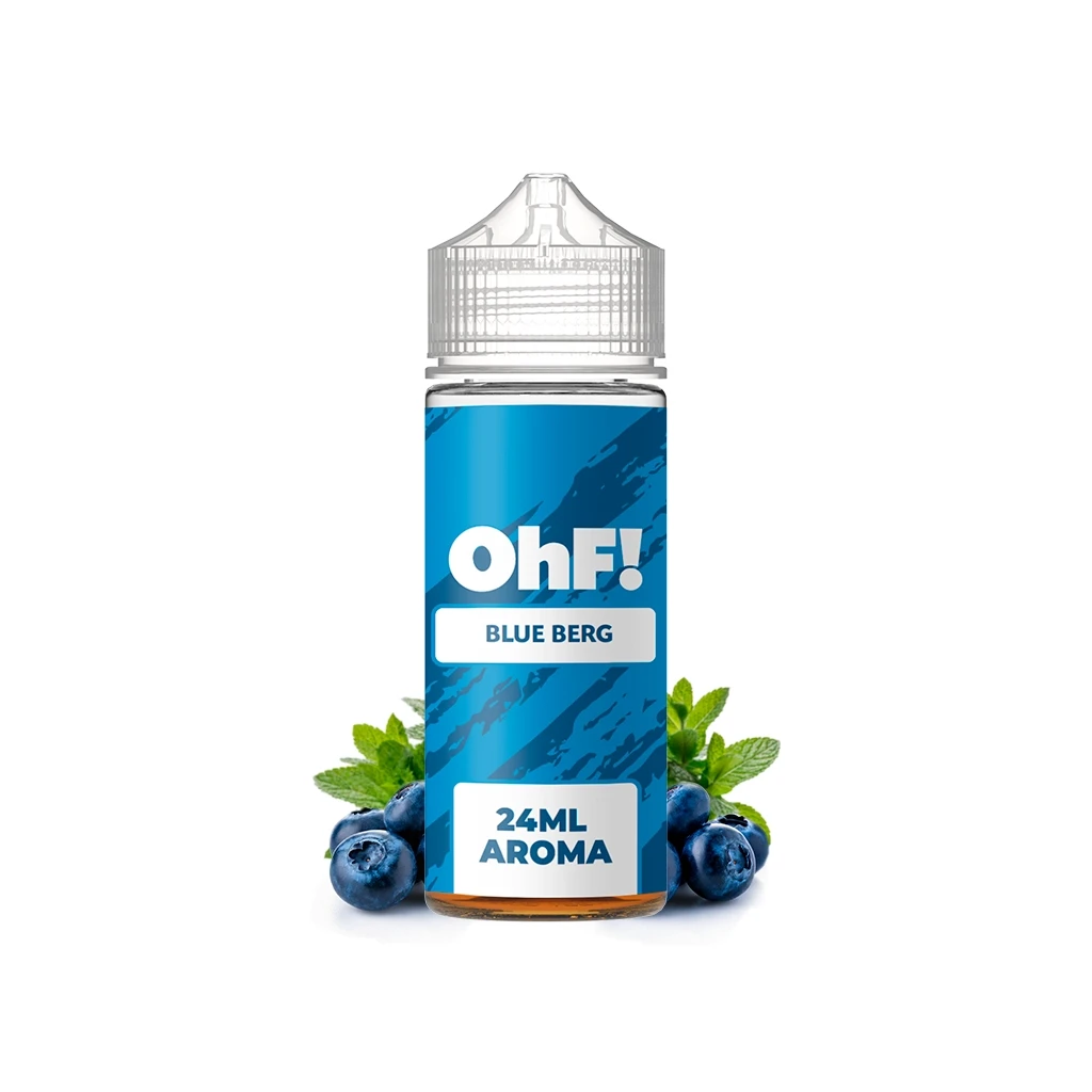 Frasco OhF! Blue Berg Longfill con etiqueta azul que indica 24 ml de aroma, tapón transparente y arándanos y hojas verdes alrededor.
