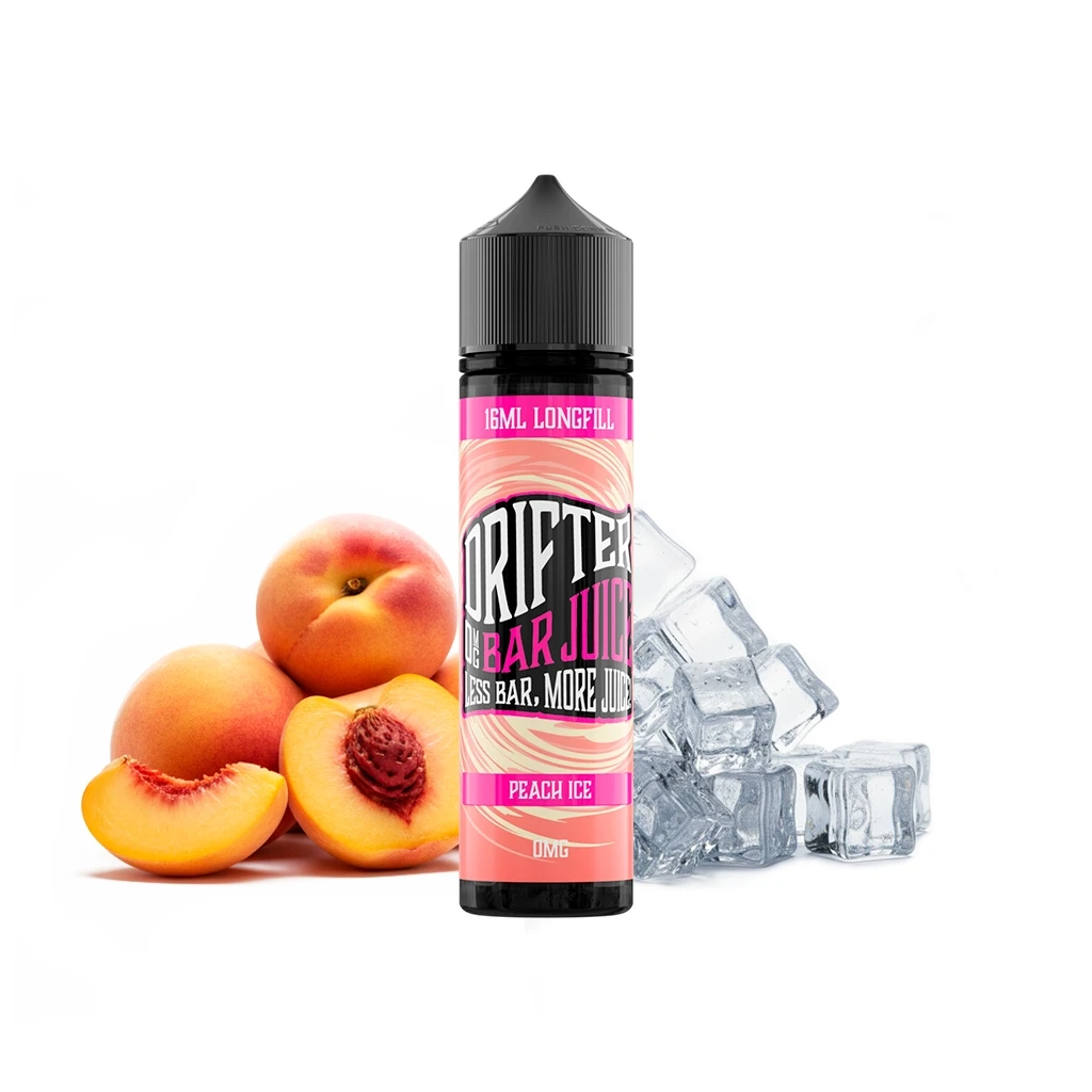 Frasco Drifter Bar Peach Ice Longfill de 16 ml con tapón negro y etiqueta rosa, acompañado de melocotones cortados y cubitos de hielo.