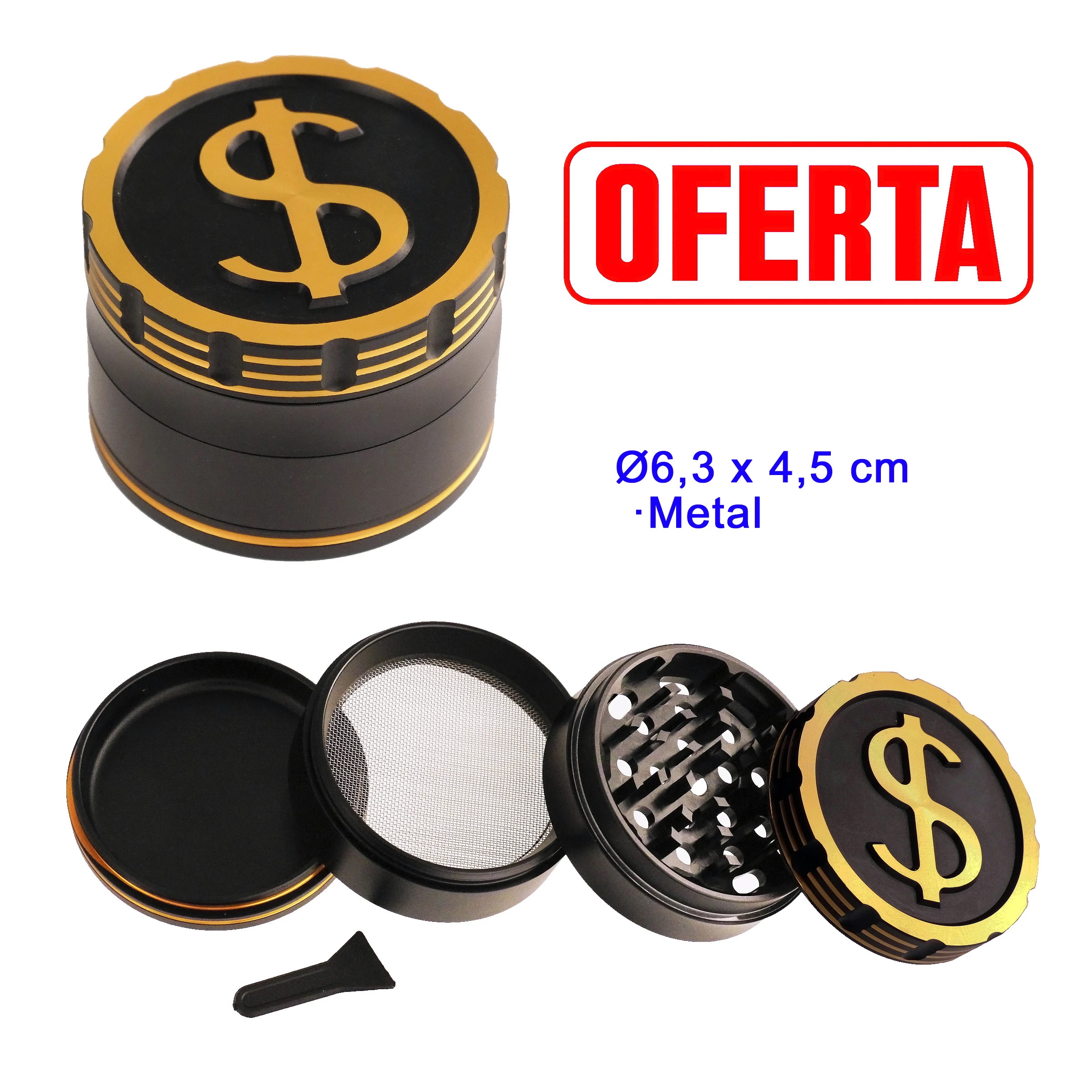 Grinder Dólar negro y dorado, cerrado y desmontado, con símbolo de dólar en la tapa, dientes, tamiz y pequeña espátula.