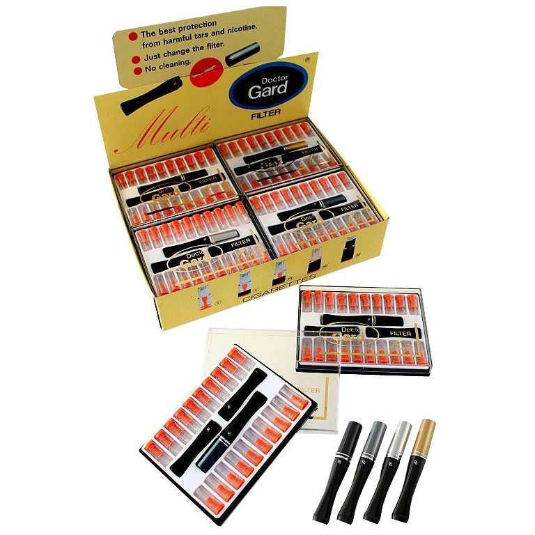 Expositor Doctor Gard Multi con estuches de filtros y una selección de boquillas negras con extremos de distintos acabados.