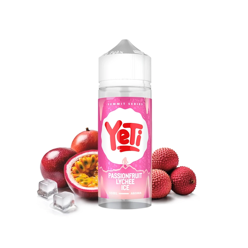 Bote Yeti Summit Series Passionfruit Lychee Ice con etiqueta rosa, rodeado de maracuyás, lichis y cubitos de hielo.