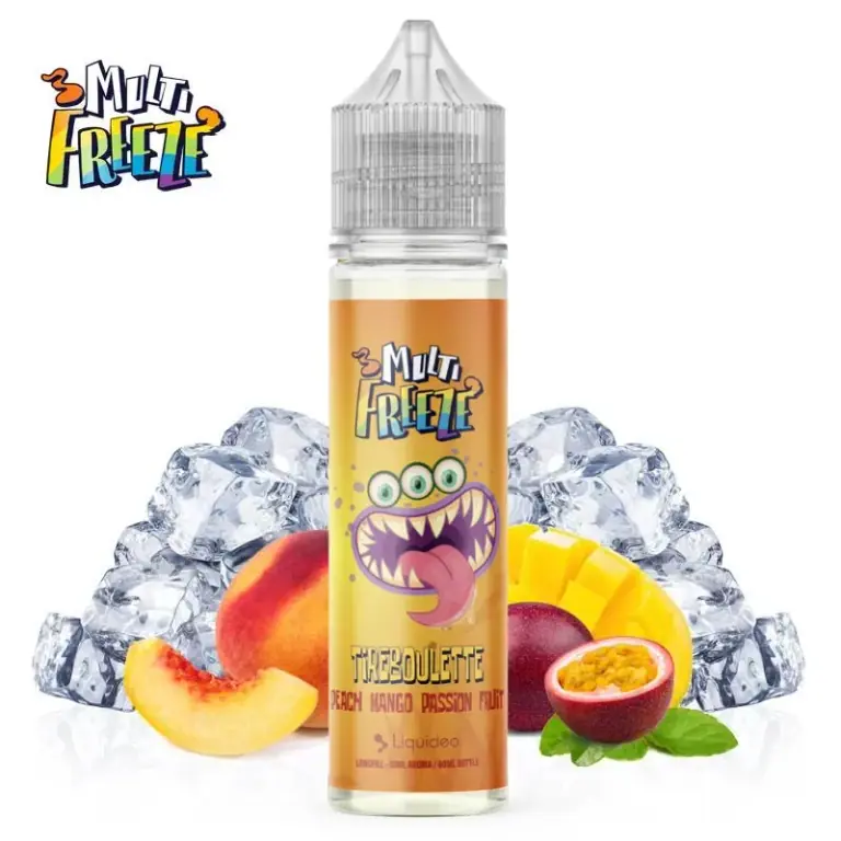 Bote Multi Freeze Tireboulette de Liquideo con etiqueta naranja y monstruo ilustrado, entre hielo, melocotón, mango y maracuyá.