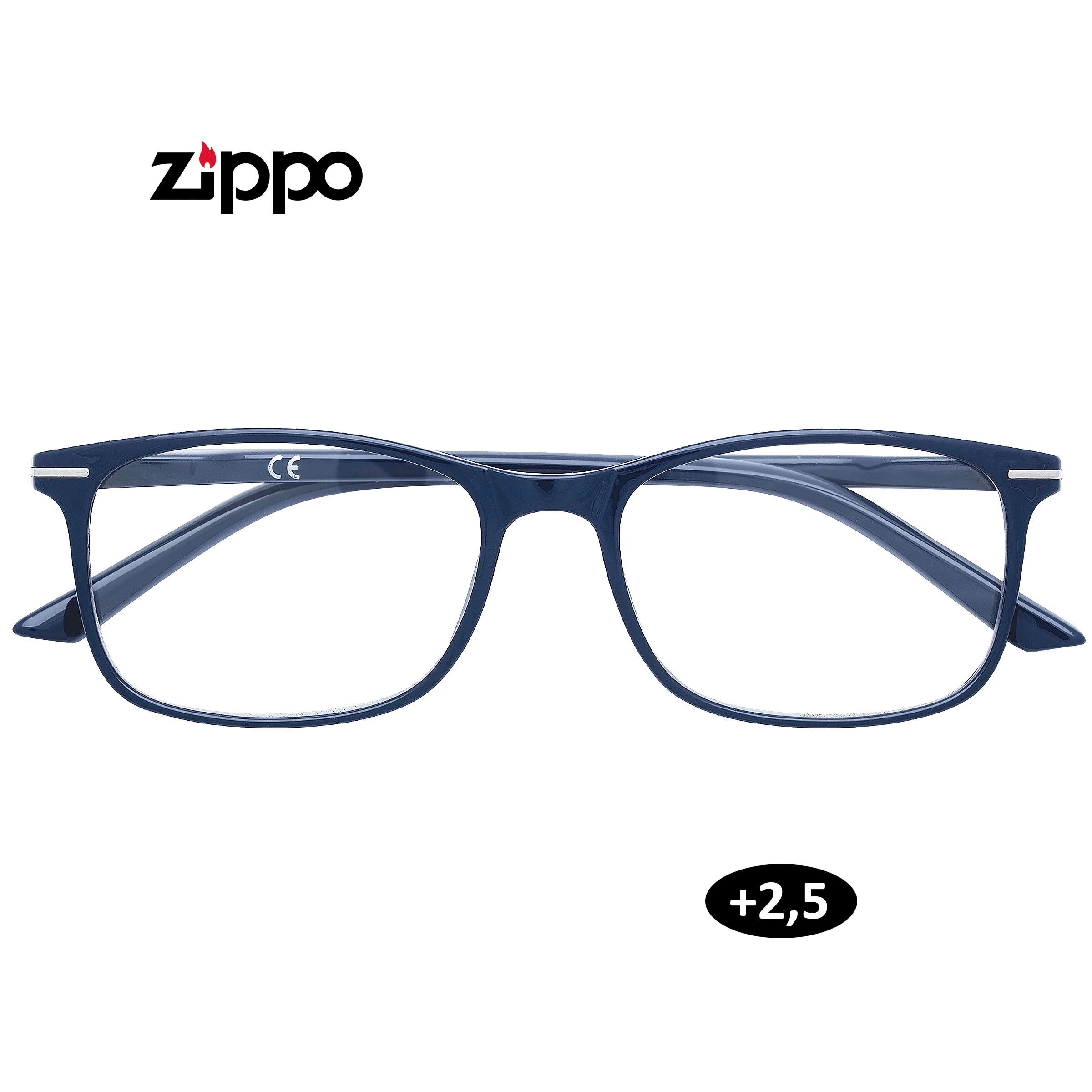 Gafas de lectura Zippo de montura azul oscura y forma rectangular, vistas de frente, con logotipo y graduación +2,5.