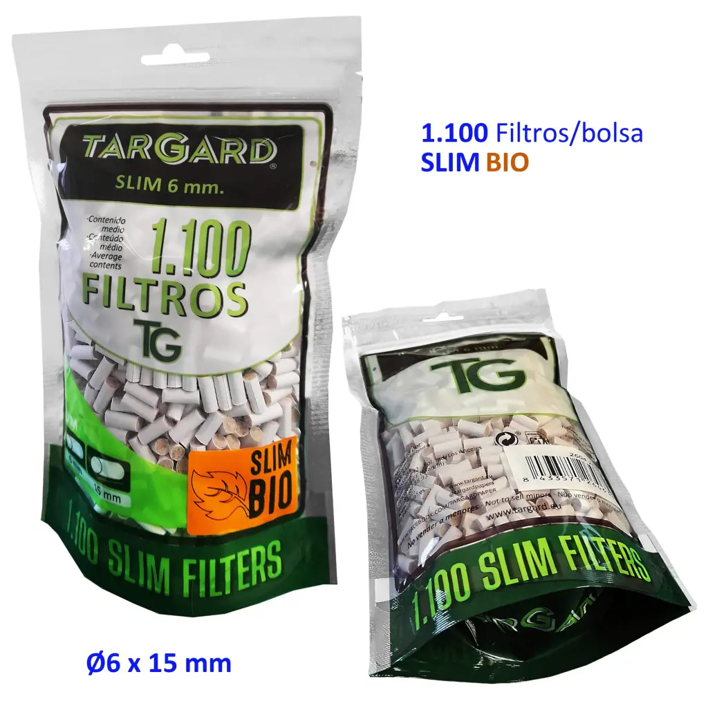 Filtros Tar Gard Slim BIO en bolsa de 1.100 unidades, mostrada de frente y tumbada, con filtros blancos visibles en su interior.