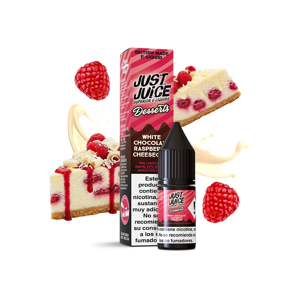Frasco y caja rosa Just Juice Desserts White Chocolate Raspberry Cheesecake, rodeados de frambuesas y porciones de tarta.