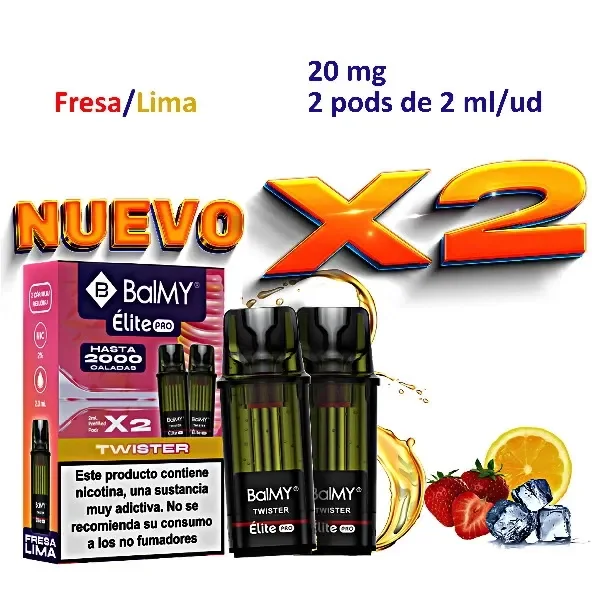 Pods Balmy Élite Pro Twister Fresa/Lima junto a su caja, con rótulos de 20 mg y dos pods de 2 ml, frutas y cubitos de hielo.