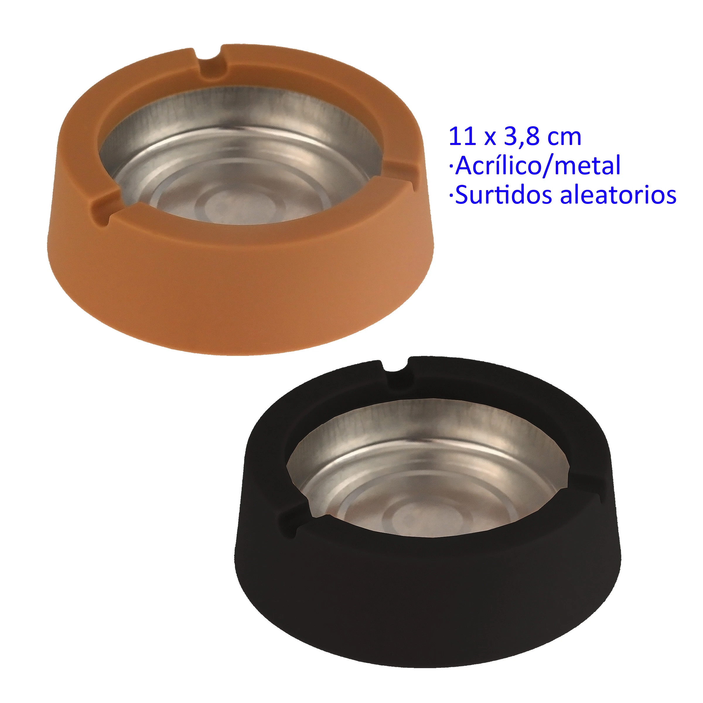 Ceniceros de mesa en marrón y negro, con recipiente interior plateado y muescas en el borde, mostrados sobre fondo blanco.