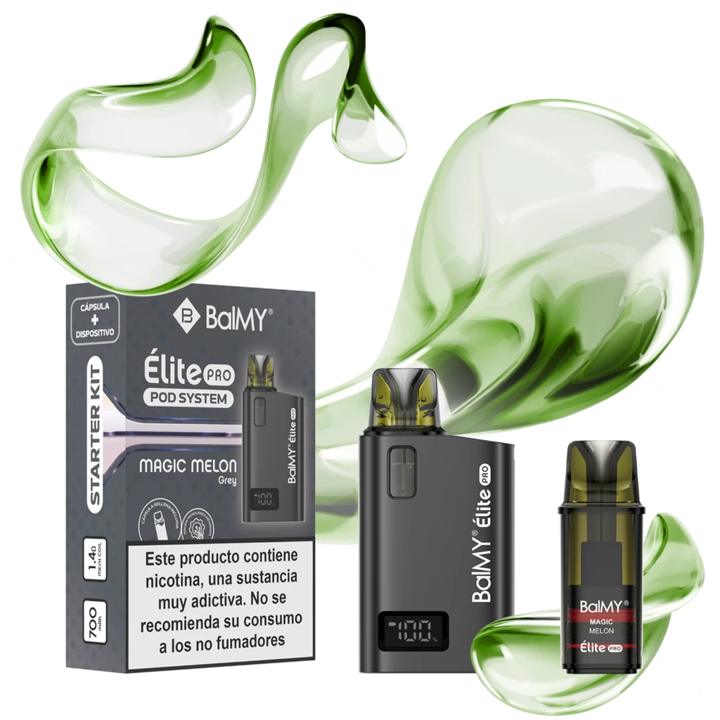 Kit Balmy Élite Pro Magic Melon con dispositivo gris, pod separado y caja, sobre fondo negro con formas verdes translúcidas.