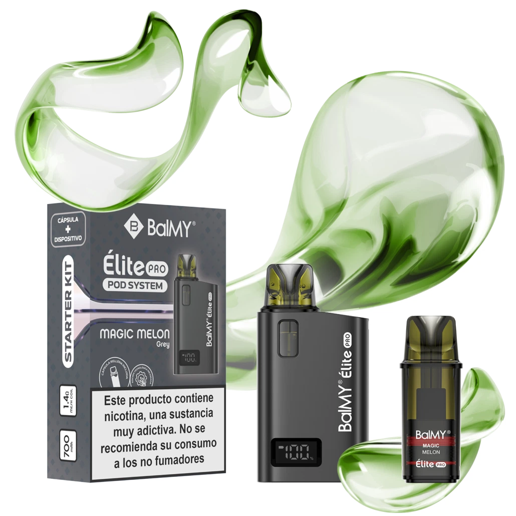 Kit Balmy Élite Pro Magic Melon con dispositivo gris, pod separado y caja, sobre fondo negro con formas verdes translúcidas.