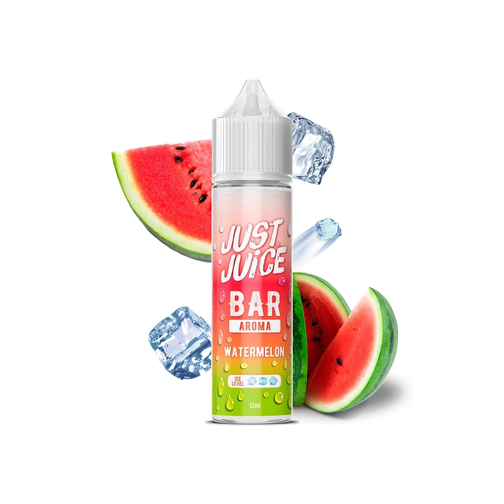 Frasco Just Juice Bar Watermelon Longfill de 12 ml con tapón blanco, rodeado de rodajas de sandía y cubitos de hielo sobre fondo blanco.