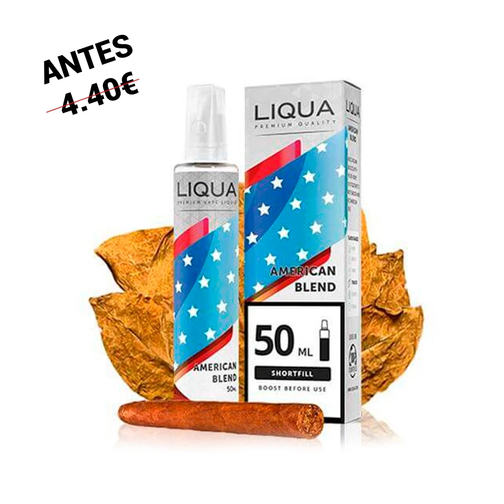Botella y caja de Liqua American Blend Shortfill de 50 ml, con diseño de estrellas, junto a hojas de tabaco y un cigarro.